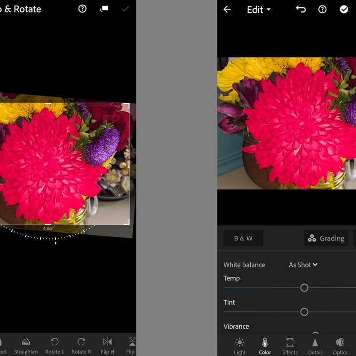 Two Adobe Android Lightroom app screenshots showing the app's crop, rotate, and other editing features.