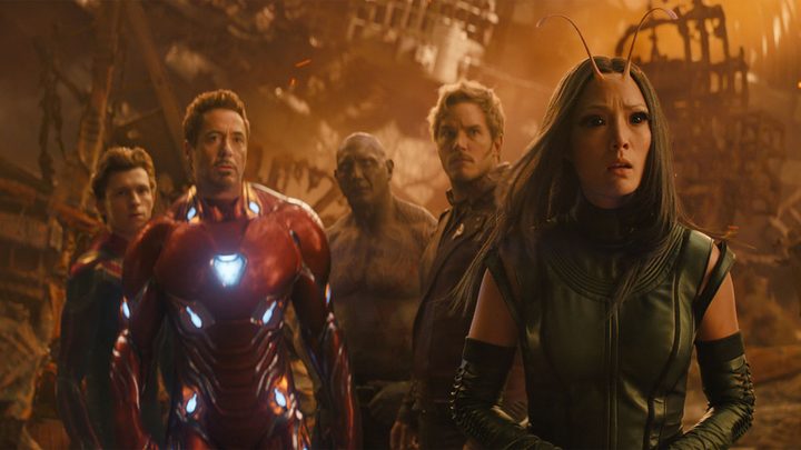 Peter, Tony, Drax, Quill, and Mantis looking in the same direction in Avengers: Infinity War.