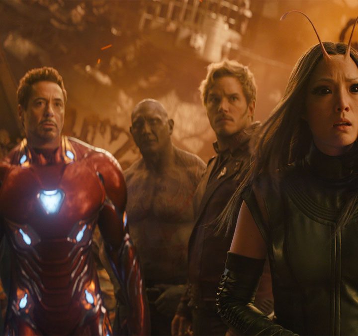 Peter, Tony, Drax, Quill, and Mantis looking in the same direction in Avengers: Infinity War.