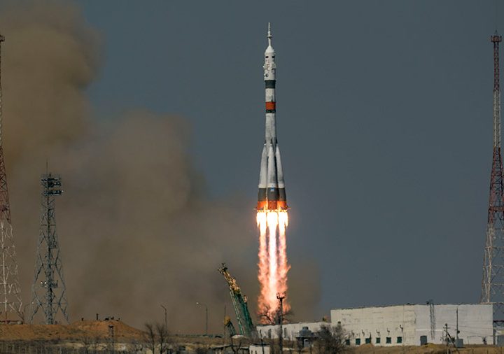 The Soyuz MS-18 rocket blasts off from the Baikonur Cosmodrome in Kazakhstan carrying three Expedition 65 crew members to the space station.