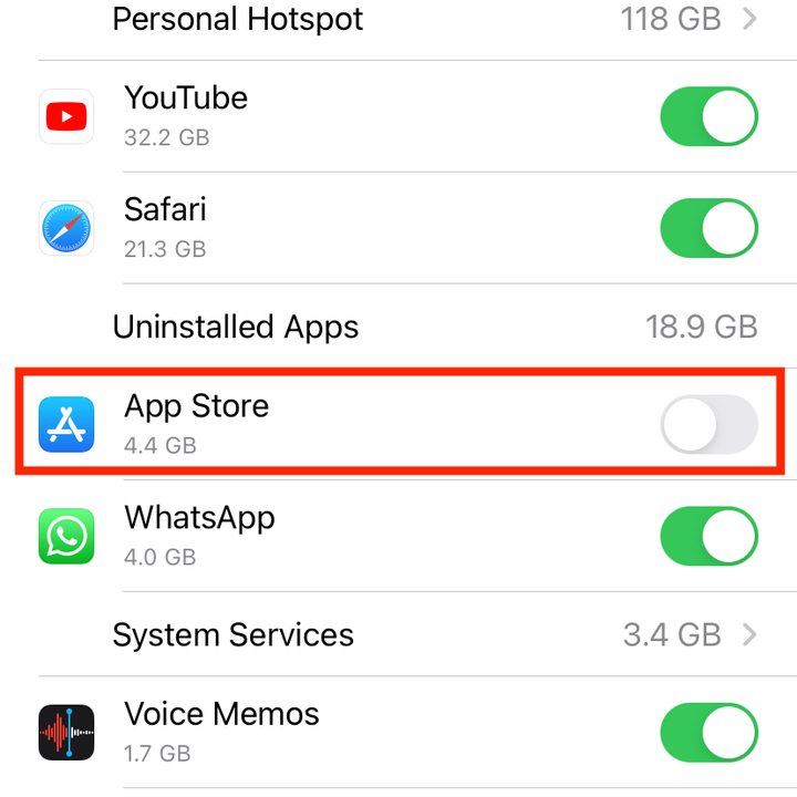 Cellular data App Store