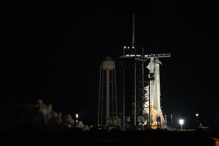 A SpaceX Falcon 9 rocket with the company&rsquo;s Crew Dragon spacecraft onboard is seen on the launch pad at Launch Complex 39A during a brief static fire test ahead of NASA&rsquo;s SpaceX Crew-2 mission, Saturday, April 17, 2021, at NASA&rsquo;s Kennedy Space Center in Florida. 