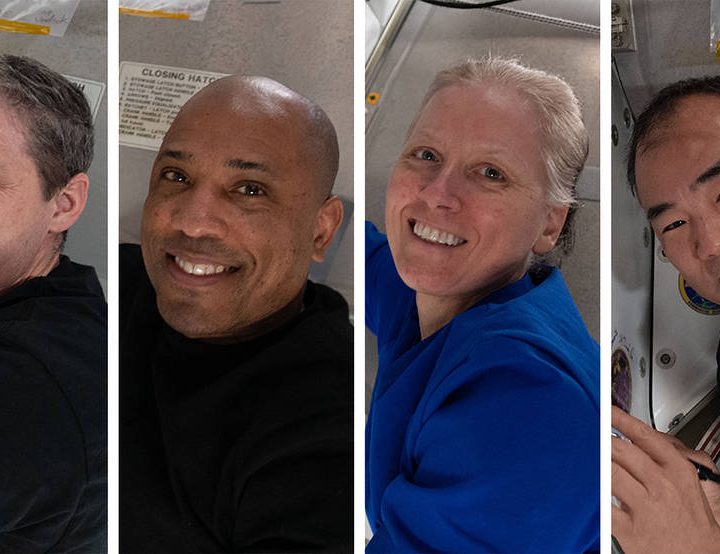Clockwise from bottom right are Expedition 64 Flight Engineers and SpaceX Crew-1 members Michael Hopkins, Victor Glover, Shannon Walker and Soichi Noguchi.