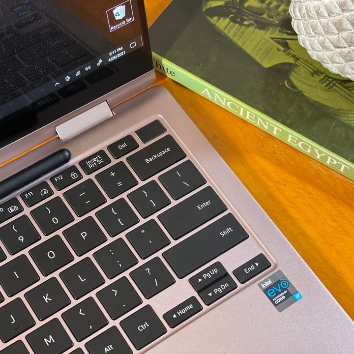 Samsung Galaxy Book Pro 360 top view showing part of keyboard and display.