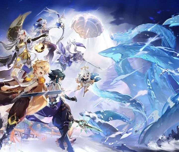 Genshin impact characters attacking a water hydra.