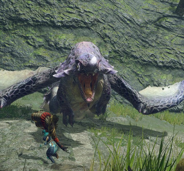 A hunter fighting a big dragon.