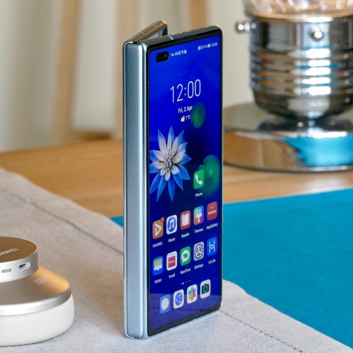 Huawei Mate X2 standing up, slightly unfolded