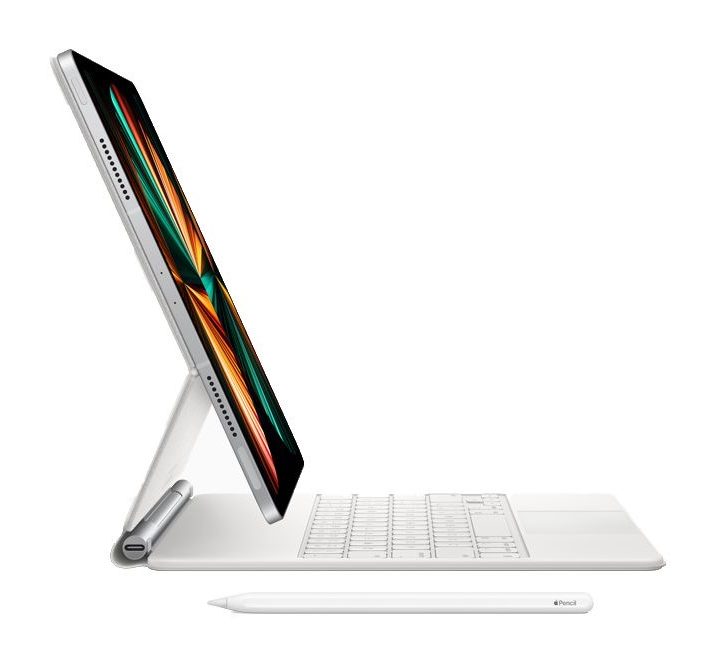 A product image of the iPad Pro in the white Magic Keyboard