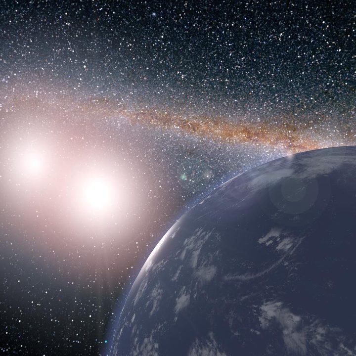 This artist's concept shows a hypothetical planet covered in water around the binary star system of Kepler-35A and B.
