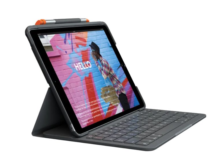 Logitech Slim Folio for iPad (2018) with extended keyboard.