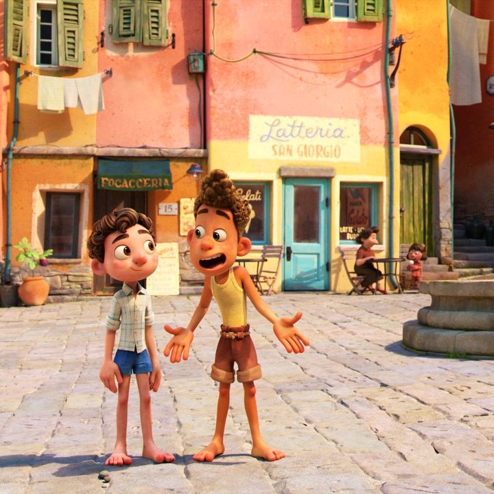 Luca and Alberto in the street in Pixar's Luca film.
