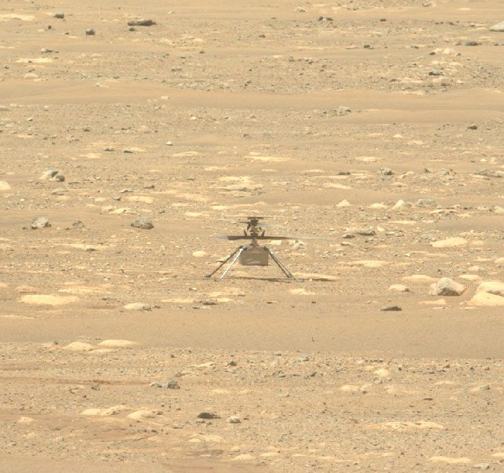 NASA's Mars Perseverance rover acquired this image of the Ingenuity Mars Helicopter using its Left Mastcam-Z camera, on Apr. 16, 2021 (Sol 55).