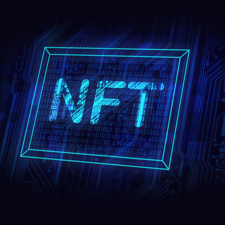 non fungible tokens concept, NFT neon sign-picture on circuit board, crypto art