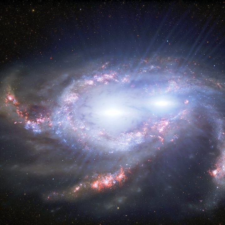 Astronomers have discovered two pairs of quasars in the distant Universe, about 10 billion light-years from Earth. In each pair, the two quasars are separated by only about 10,000 light-years, making them closer together than any other double quasars found so far away. The proximity of the quasars in each pair suggests that they are located within two merging galaxies. Quasars are the intensely bright cores of distant galaxies, powered by the feeding frenzies of supermassive black holes. One of the distant double quasars is depicted in this illustration.
