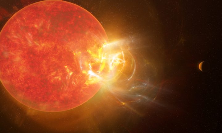 Artist's conception of the violent stellar flare from Proxima Centauri discovered by scientists in 2019 using nine telescopes across the electromagnetic spectrum, including the Atacama Large Millimeter/submillimeter Array (ALMA). Powerful flares eject from Proxima Centauri with regularity, impacting the star's planets almost daily.