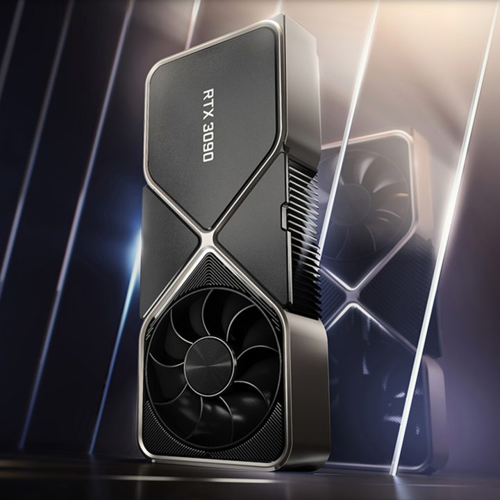 Promotional photo of an Nvidia GeForce RTX 3090 graphics card.