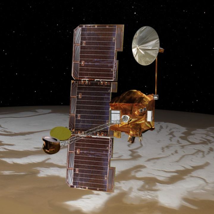 NASA's Mars Odyssey spacecraft passes above Mars' south pole in this artist's concept illustration. The spacecraft launched 20 years ago on April 7, 2001.