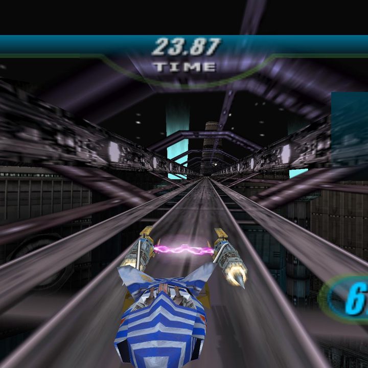 A pod racer going really fast in Star Wars Episode I: Racer.