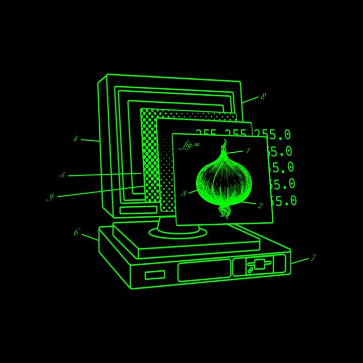 Black and green drawing of a computer and an onion.