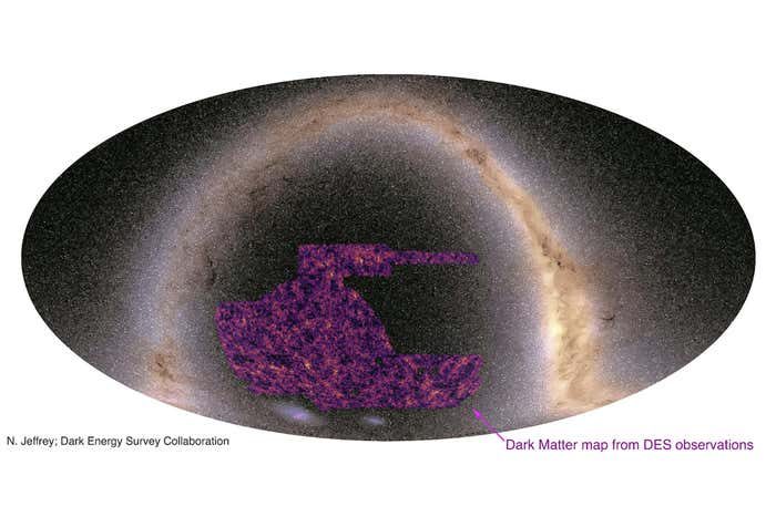 A map of the southern hemisphere sky, with the region of dark matter mapped by DES shown in pink.