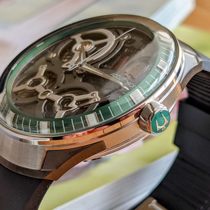 The Accutron DNA's crown, in close up