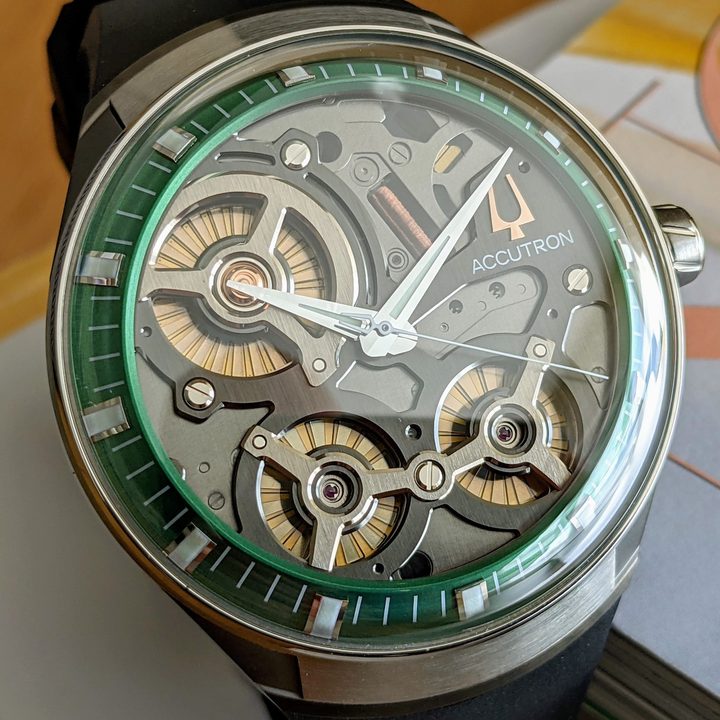 Close up of the Accutron DNA's watch dial
