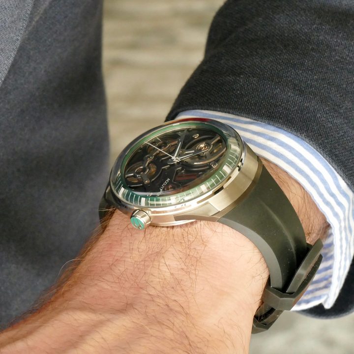 The Accutron DNA watch from the side, on a wrist