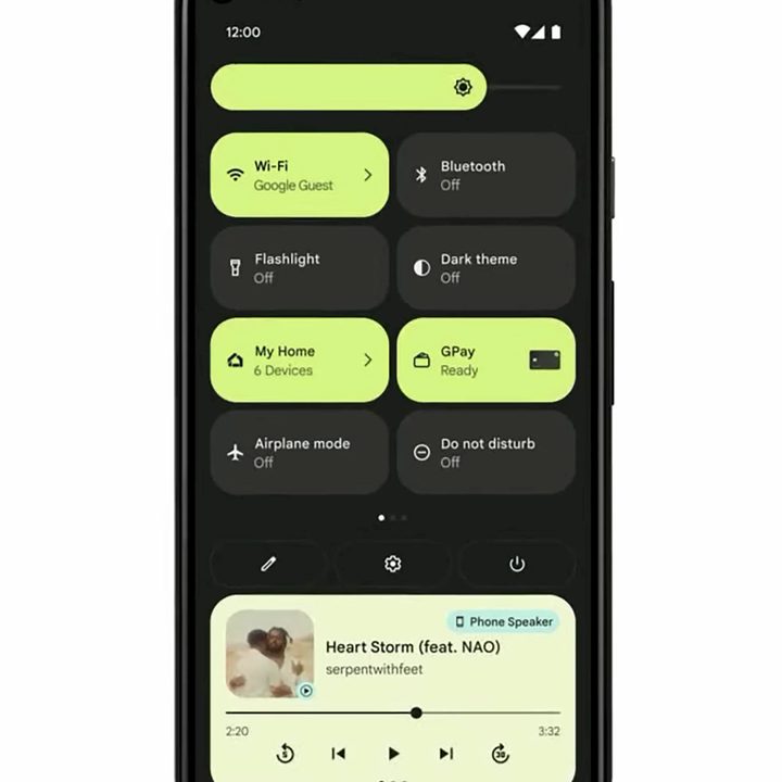 Android 12 notification quick settings and media player