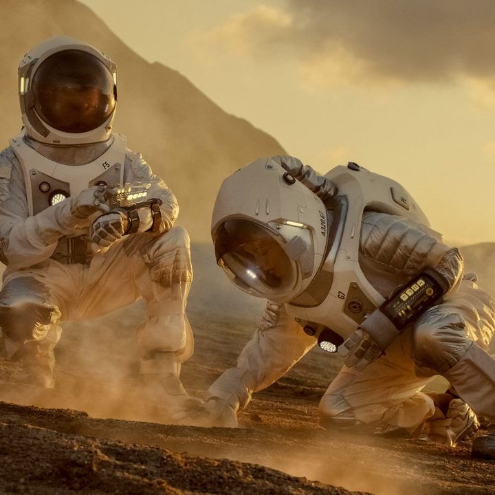 Two Astronauts Collect soil samples on mars Analyzing them - concept image