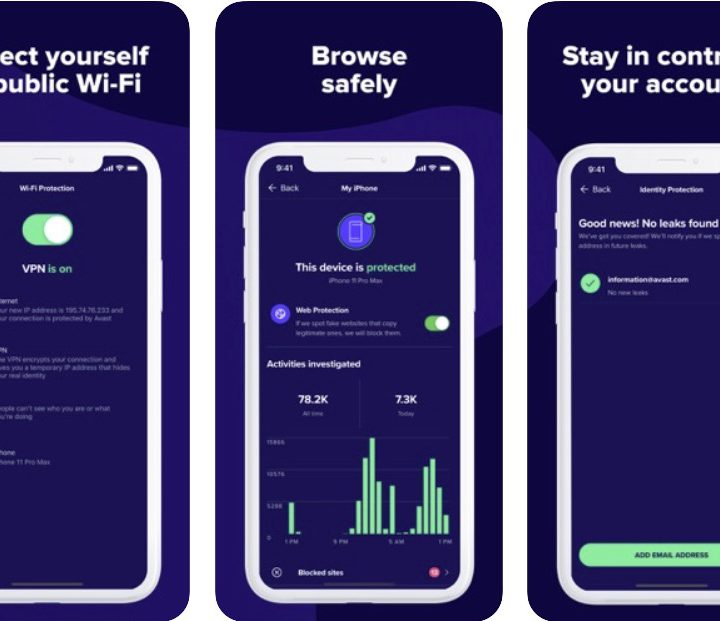 Three screenshots of the Avast Security & Privacy app.