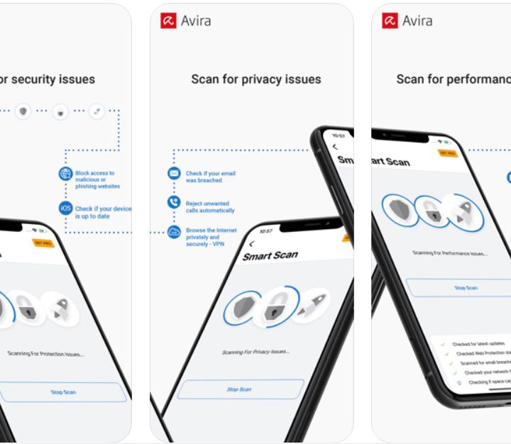 Infographic screens from the Avira Mobile Security app.