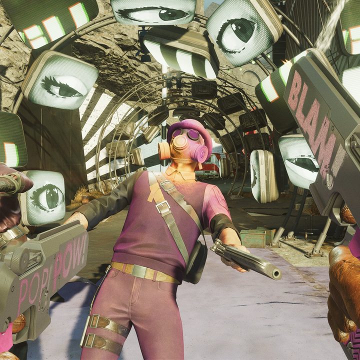 Deathloop's hero shoots an enemy with two handguns.