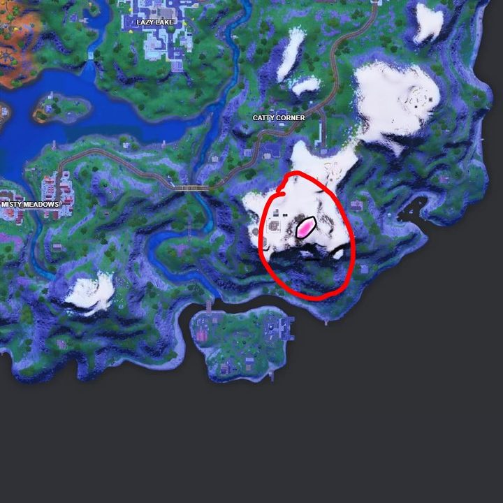 Location of the tallest mountain in Fortnite, just south of Catty Corner.