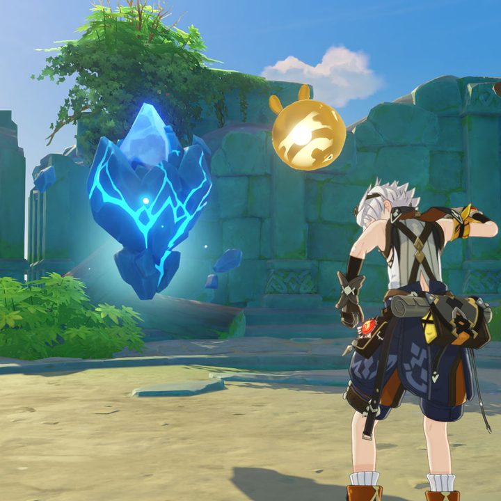 A character checking his gear in front of a floating blue crystal.