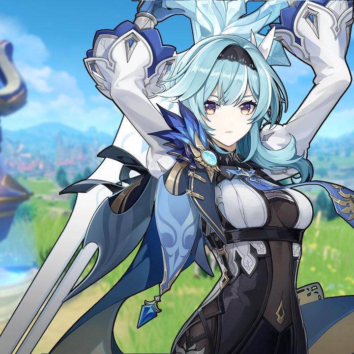 A Genshin Impact character hops across ice.