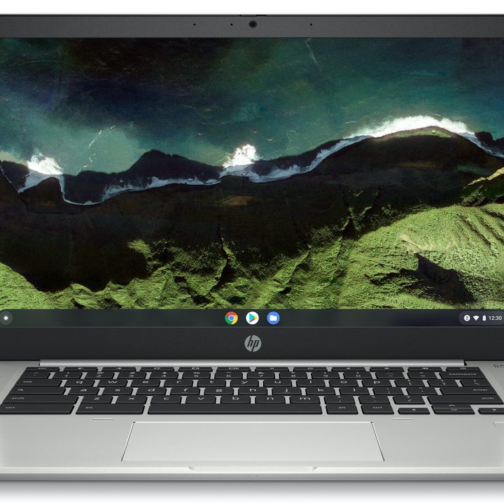 An HP Chromebook with the lid open.
