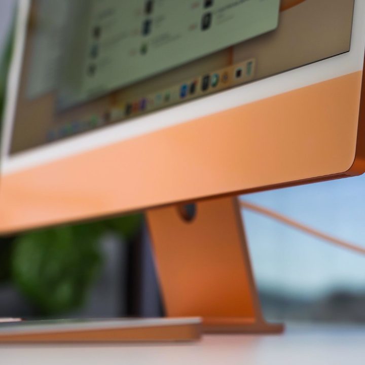 A closeup of the iMac chin bar and stand
