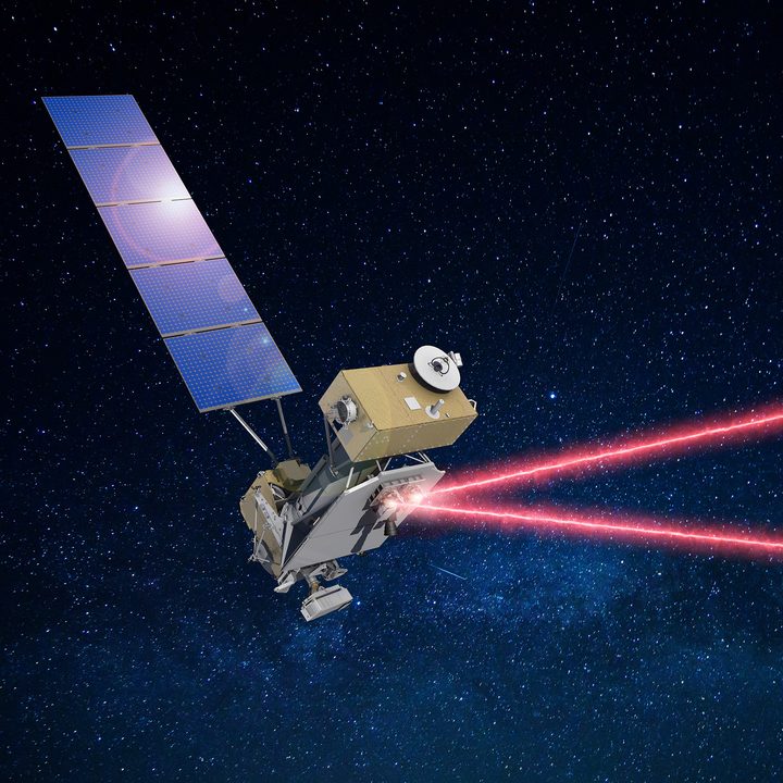 Illustration of the U.S. Department of Defense's Space Test Program Satellite-6 (STPSat-6) with the Laser Communications Relay Demonstration (LCRD) payload communicating data over infrared links.