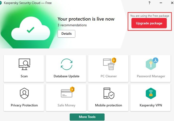 Kaspersky security menu screen.