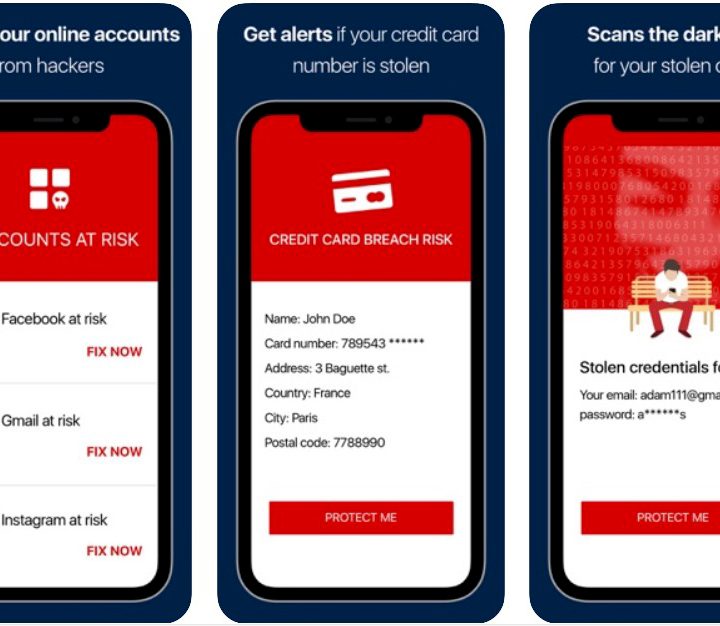 Three sample screens from LogDog Mobile Security app.