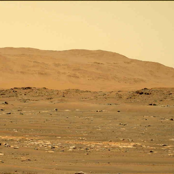 NASA’s Mars Perseverance rover acquired this image of the Ingenuity Mars Helicopter (upper right) using its left Mastcam-Z camera. Mastcam-Z is a pair of cameras located high on the rovers mast. This is one still frame from a sequence captured by the camera while taking video. This image was acquired on Apr. 30, 2021 (Sol 69) at the Local Mean Solar Time of 12:33:27.