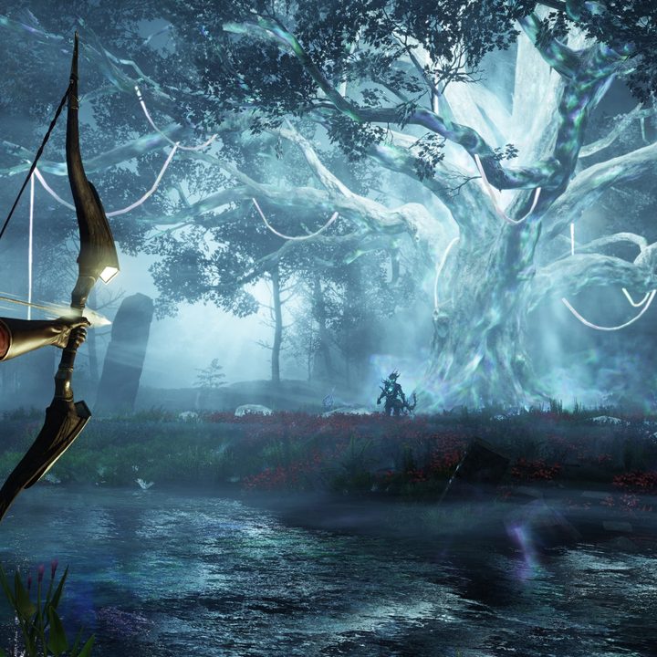 New World player using a bow and arrow.