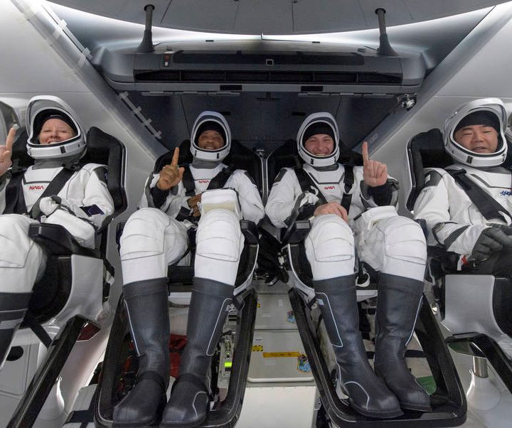NASA astronauts Shannon Walker, left, Victor Glover, Mike Hopkins, and Japan Aerospace Exploration Agency (JAXA) astronaut Soichi Noguchi, right are seen inside the SpaceX Crew Dragon Resilience spacecraft onboard the SpaceX GO Navigator recovery ship shortly after landing in the Gulf of Mexico off the coast of Panama City, Florida, at 2:56 a.m. EDT May 2, 2021.