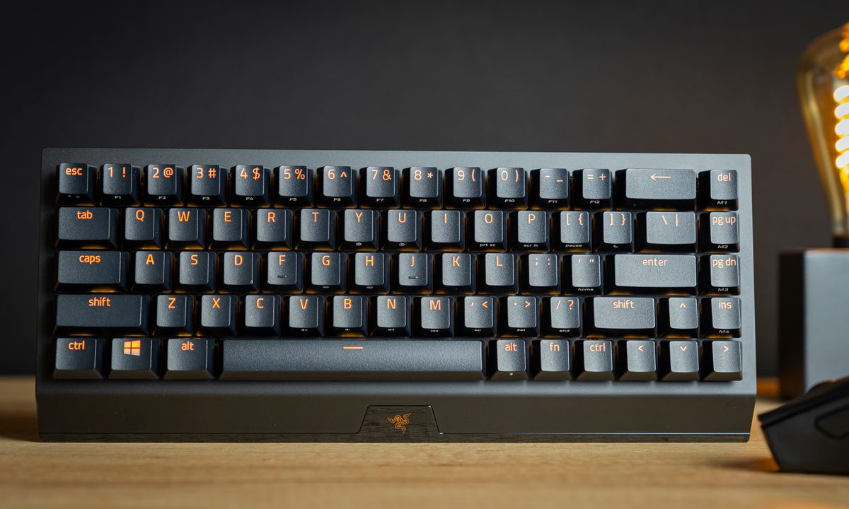 The Razer BlackWidow V3 Mini Hyperspeed standing on a table.
