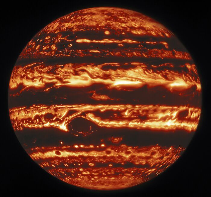 This infrared view of Jupiter was created from data captured on 11 January 2017 with the Near-InfraRed Imager (NIRI) instrument at Gemini North in Hawaiʻi, the northern member of the international Gemini Observatory, a Program of NSF’s NOIRLab. It is actually a mosaic of individual frames that were combined to produce a global portrait of the planet.