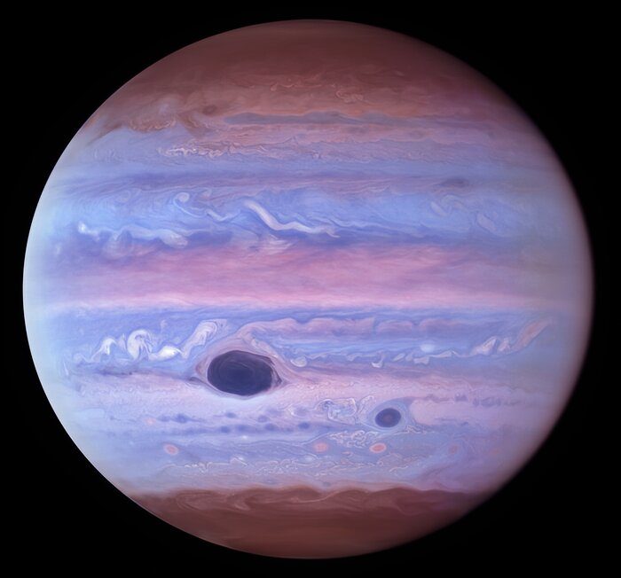 This ultraviolet image of Jupiter was created from data captured on 11 January 2017 using the Wide Field Camera 3 on the Hubble Space Telescope.