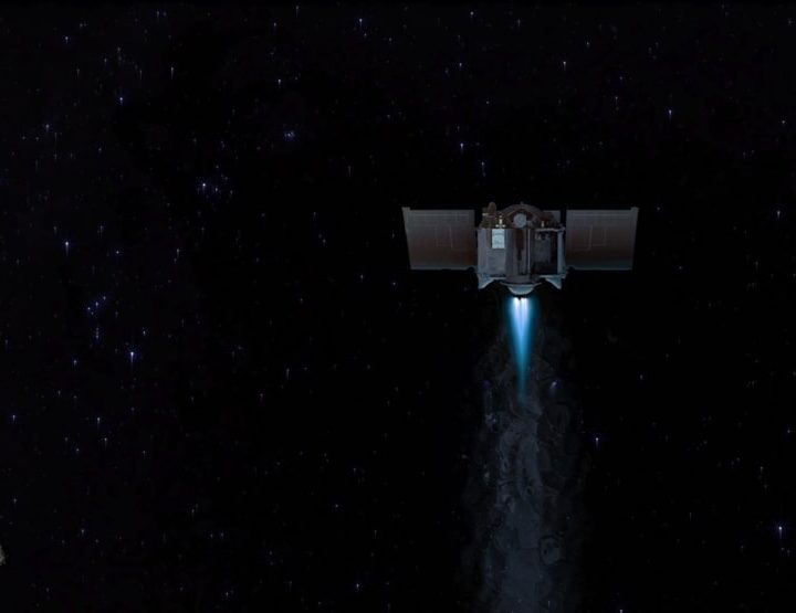 This illustration shows the OSIRIS-REx spacecraft departing asteroid Bennu to begin its two-year journey back to Earth.