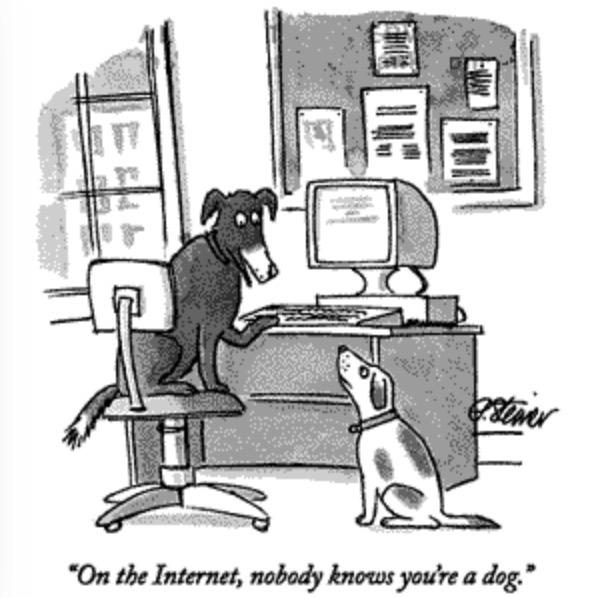 "On the internet, nobody knows you're a dog" comic by Peter Steiner
