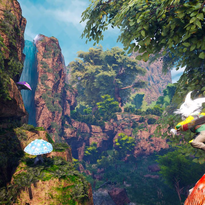 A Biomutant character jumps on a mushroom.