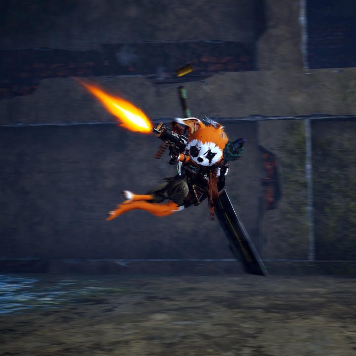 A character jumps and shoots a gun in Biomutant.